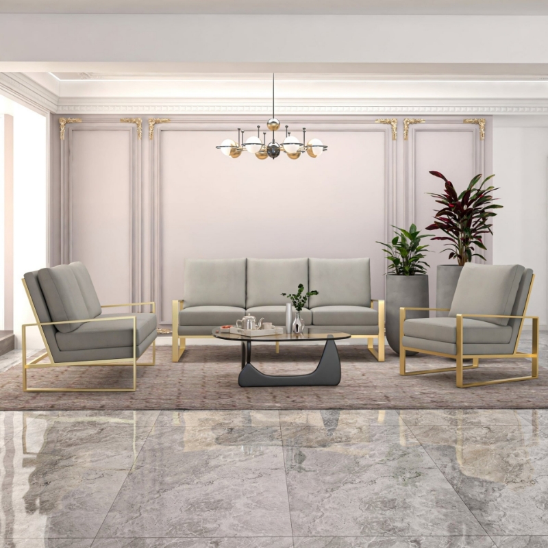 Picture of Light Grey Velvet Gold/Silver Frame Sofa, Loveseat and Chair