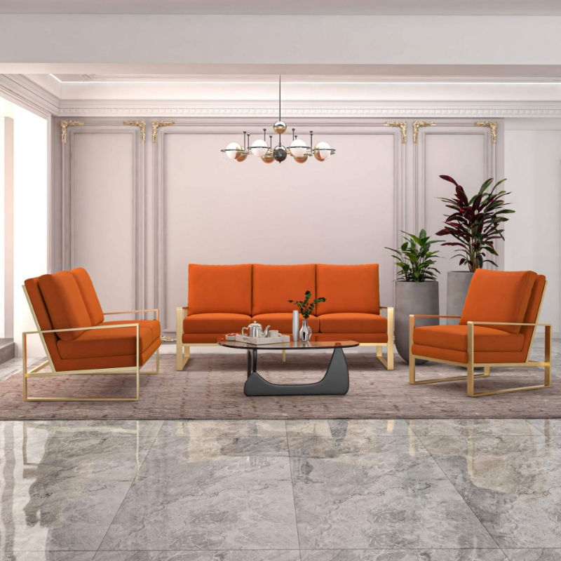 Picture of Orange Marmalade Velvet Gold/Silver Frame Sofa, Loveseat and Chair