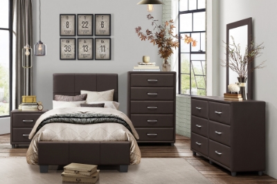Show details for Dark Brown Leather Twin Bed, Dresser & Mirror, Chest and Nightstand Picture of Dark Brown Leather Twin Bed, Dresser & Mirror, Chest and Nightstand