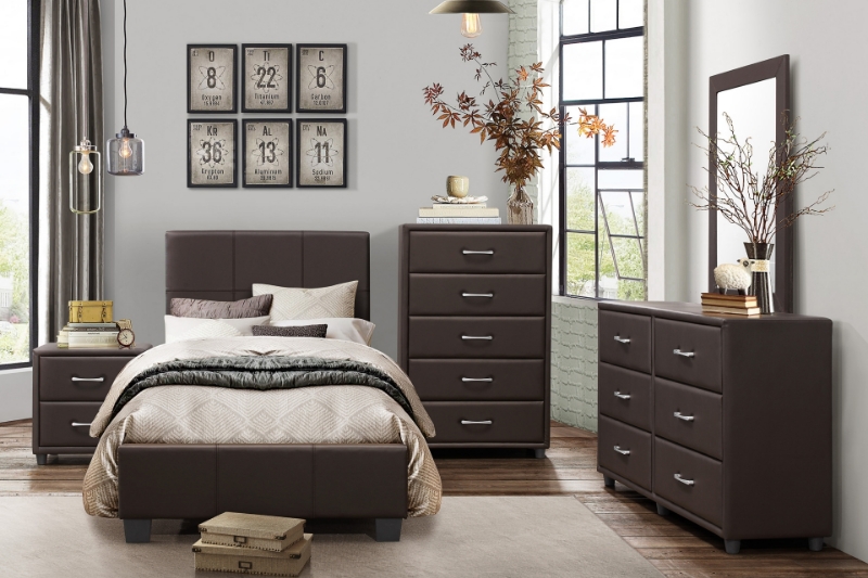 Picture of Dark Brown Leather Twin Bed, Dresser & Mirror, Chest and Nightstand