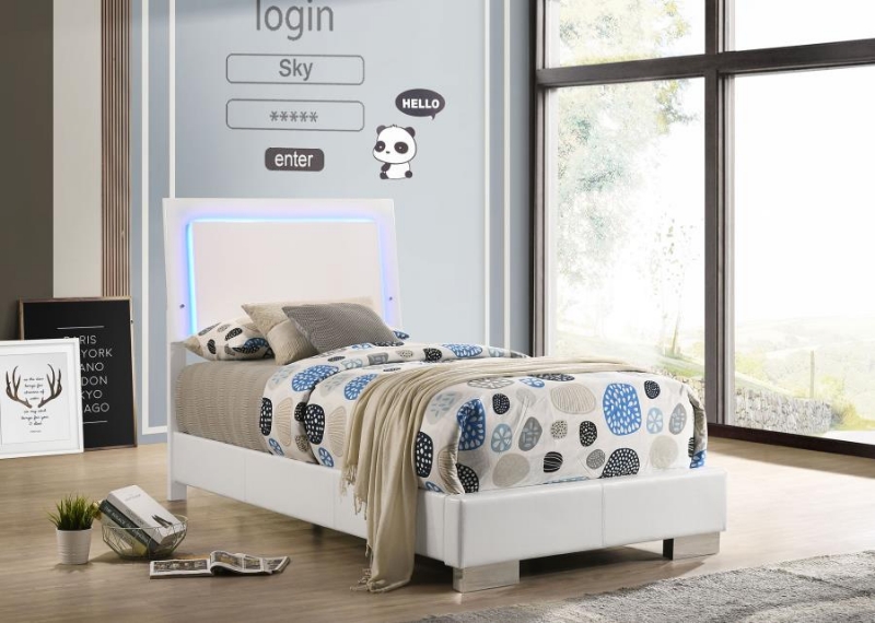 Picture of Wood Twin LED Panel Bed White High Gloss