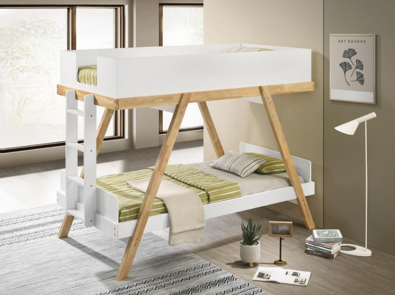 Picture of Twin Over Twin Bunk Bed White and Natural Or Blue and Natural