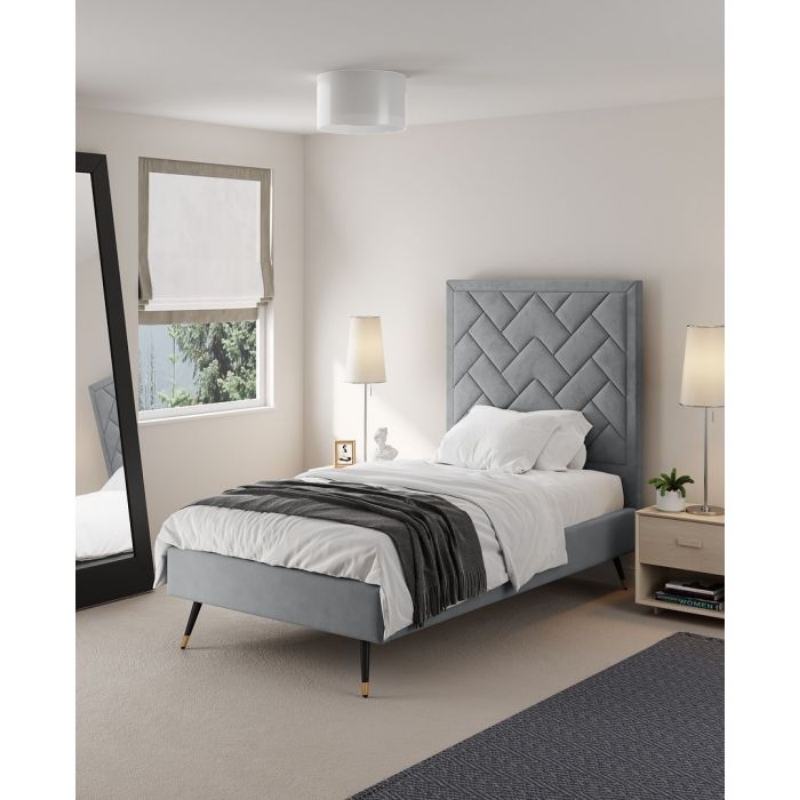 Picture of 39" 44" 48" and 54" Velvet Bedframe and Headboard in Greige Velvet Bed