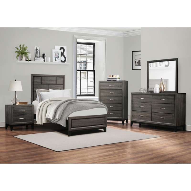 Picture of 5Pc Gray Twin bed, Full bed, Dresser and mirror, Chest and Night stand Bedroom set collection
