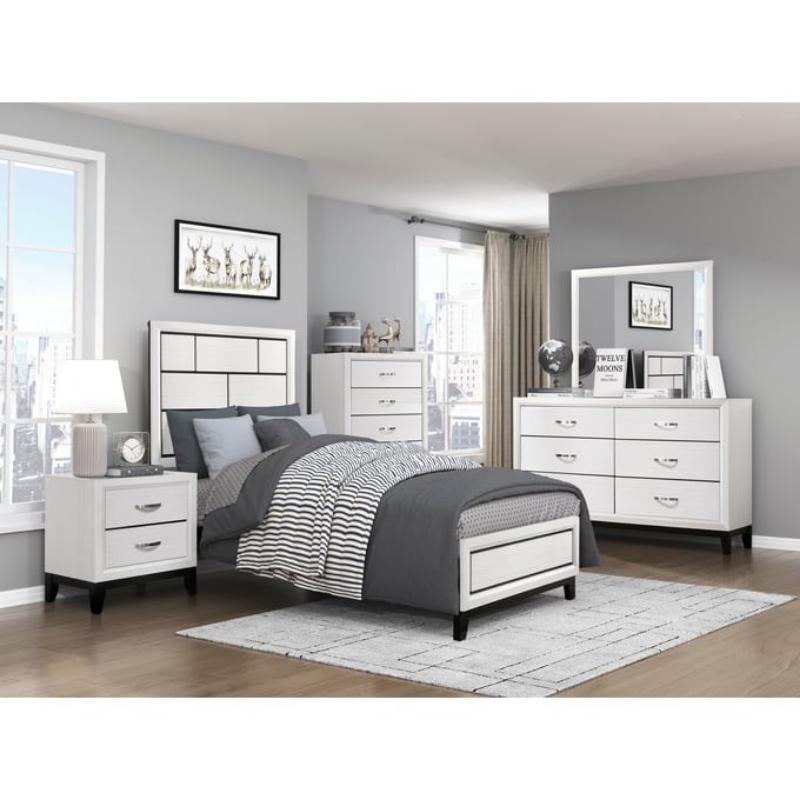 Picture of 5Pc White Twin bed, Full bed, Dresser and mirror, Chest and Night stand Bedroom set collection