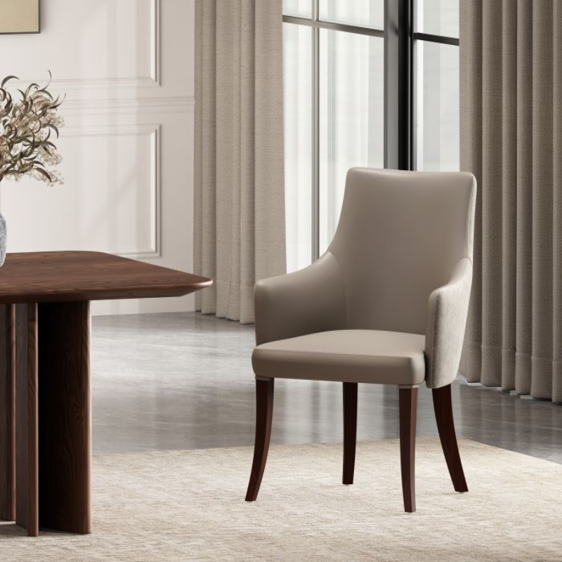 Picture of Taupe Leatherette and Velvet Dining Armchair with Beech Wood Legs