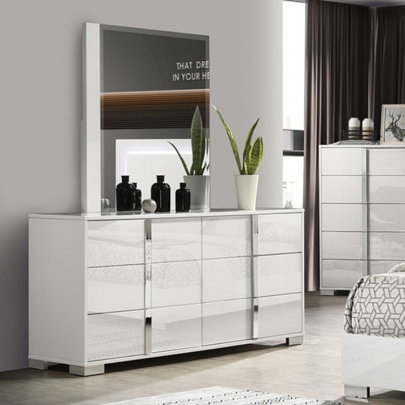 Picture of White or Black or Light Taupe Dresser and Mirror with Chrome Legs and Chrome Handles