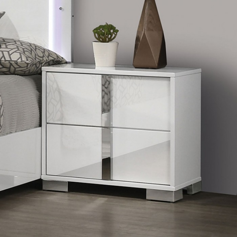 Picture of White Two Drawer Night Stand with Chrome Legs and Chrome Handles