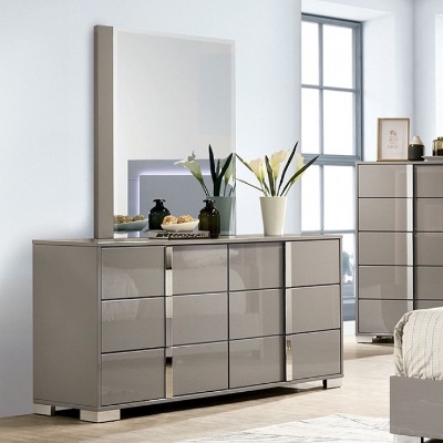 Show details for Light Taupe Dresser and Mirror with Chrome Legs and Chrome Handles Picture of Light Taupe Dresser and Mirror with Chrome Legs and Chrome Handles