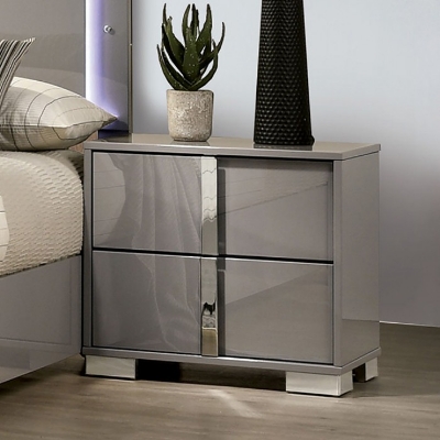 Show details for Light Taupe Two Drawer Night Stand with Chrome Legs and Chrome Handles Picture of Light Taupe Two Drawer Night Stand with Chrome Legs and Chrome Handles