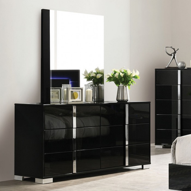 Picture of Piano Black Dresser and Mirror with Chrome Legs and Chrome Handles