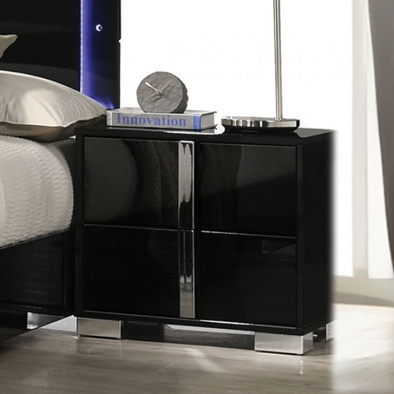 Picture of Piano Black Two Drawer Night Stand with Chrome Legs and Chrome Handles