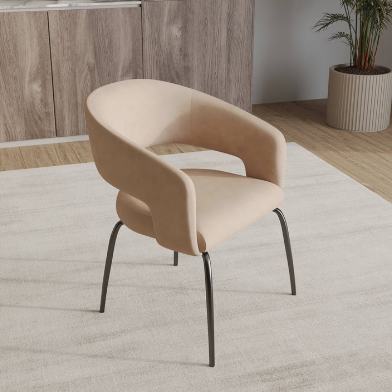 Picture of Dining Chair Upholstered in Leather with Open Curved Backrest in Black Iron