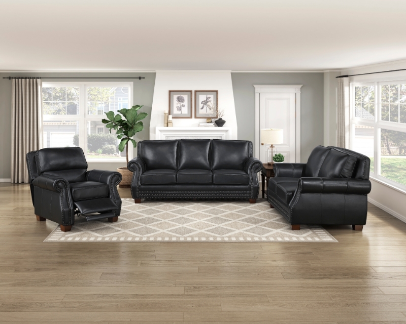 Picture of Genuine Leather Black Sofa, Loveseat and Push Back Reclining Chair