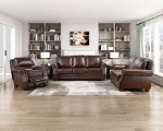 Picture of Genuine Leather Brown Sofa, Loveseat and Push Back Reclining Chair