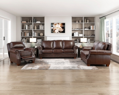 Show details for Genuine Leather Brown Sofa, Loveseat and Push Back Reclining Chair Picture of Genuine Leather Brown Sofa, Loveseat and Push Back Reclining Chair