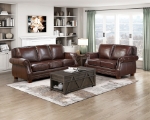 Picture of Genuine Leather Brown Sofa, Loveseat and Push Back Reclining Chair