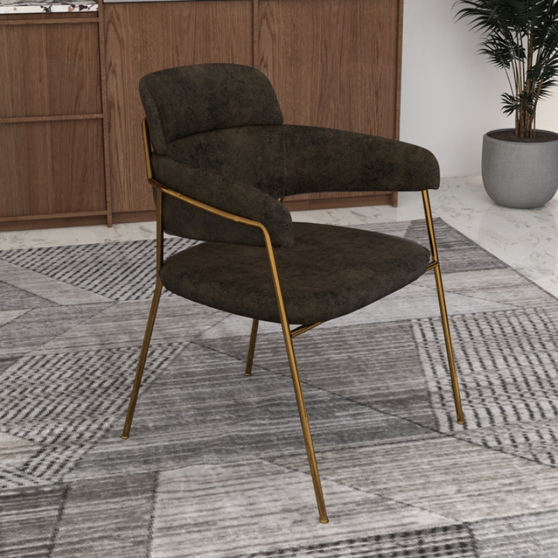 Picture of Leather Dining Chair with Curved Open-Back and Arms and Gold Stainless Steel Legs