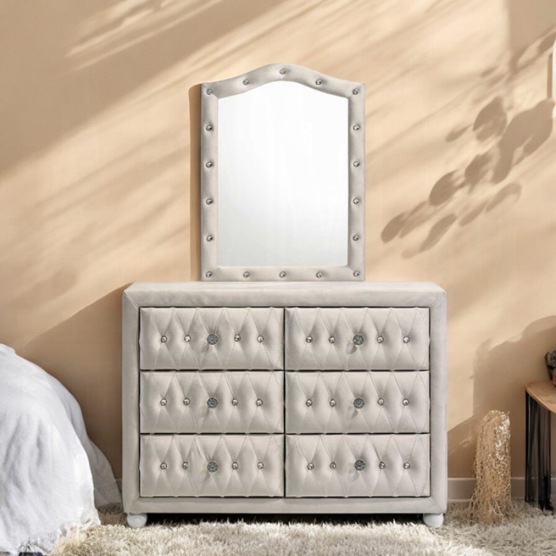 Picture of Beige And Pink Full Upholstered Button Tufted Dresser and Mirror