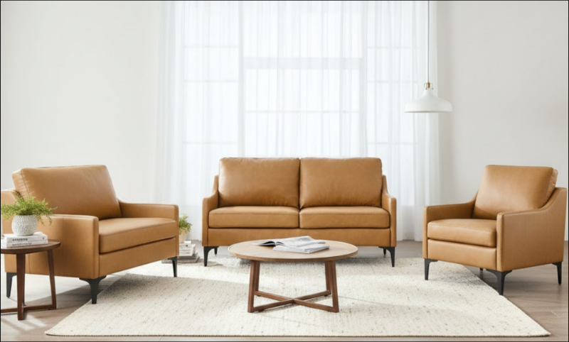 Picture of Genuine Leather Tan Sofa, Loveseat and Chair