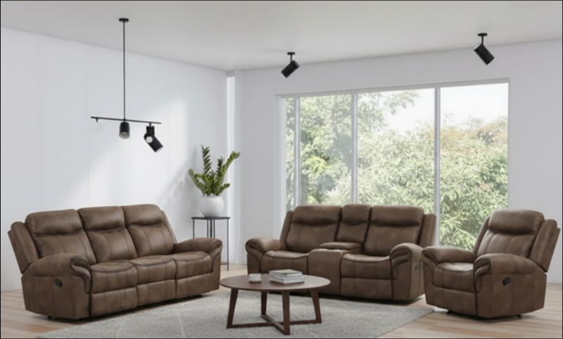 Picture of Brown Leatherette Manual Sofa, Loveseat and Recliner