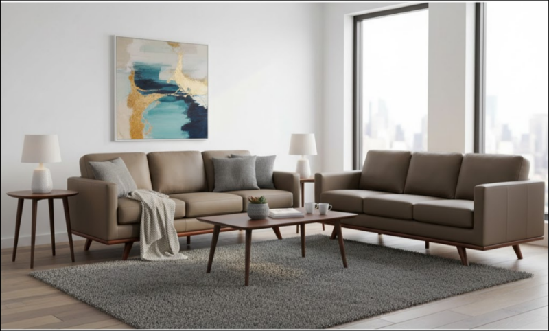 Picture of Wood Base Leather Taupe Sofa, Loveseat and Chair