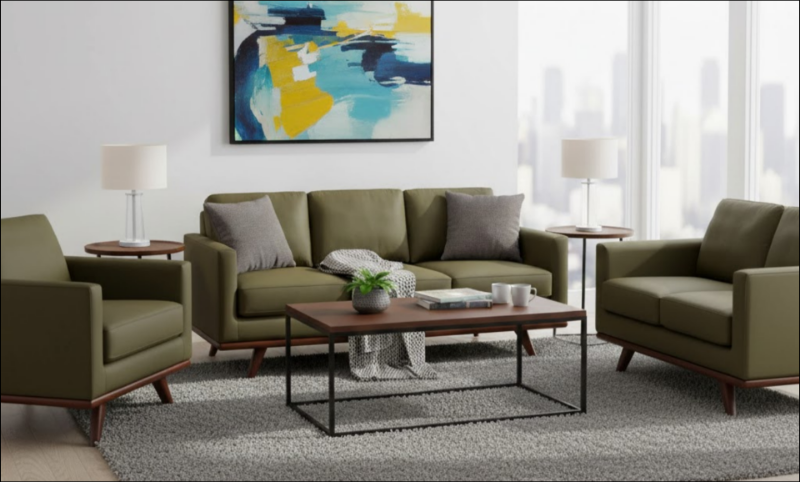 Picture of Wood Base Leather Green Sofa, Loveseat and Chair