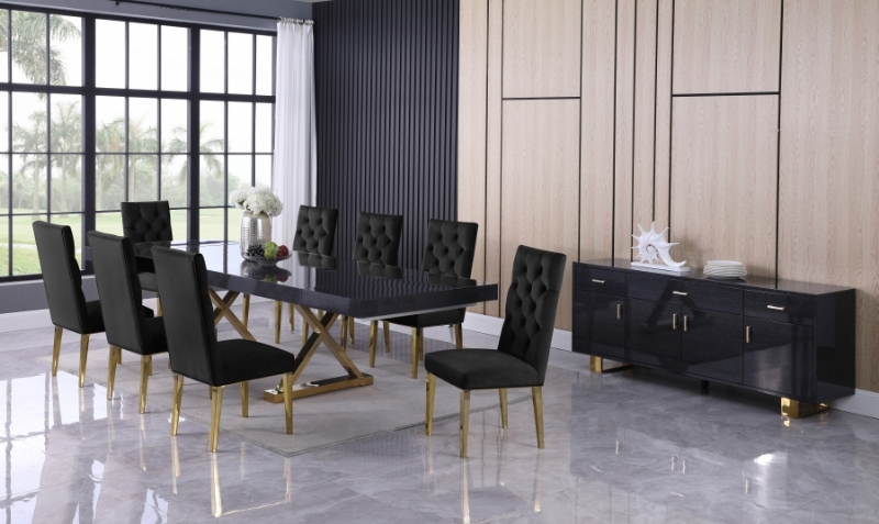 Picture of 84"/124" Extendable Grey Stainless Steel Gold Base High Gloss Dining Table