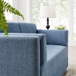 Picture of Upholstered Sofa in Denim, Eucalyptus Green, Newsprint Off-White and Taupe