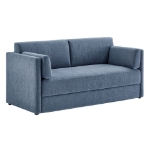 Picture of Upholstered Sofa in Denim, Eucalyptus Green, Newsprint Off-White and Taupe
