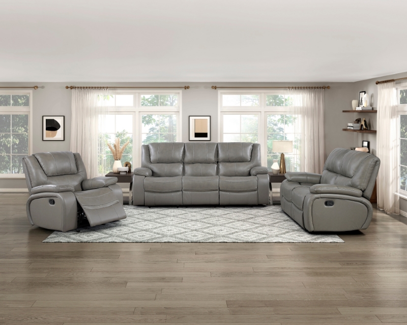 Picture of Genuine Leather Grey Reclining Sofa Loveseat and Glider Recliner