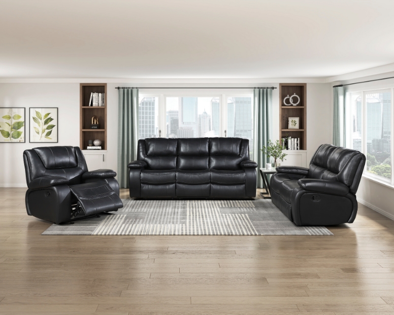 Picture of Genuine Leather Black Reclining Sofa Loveseat and Glider Recliner