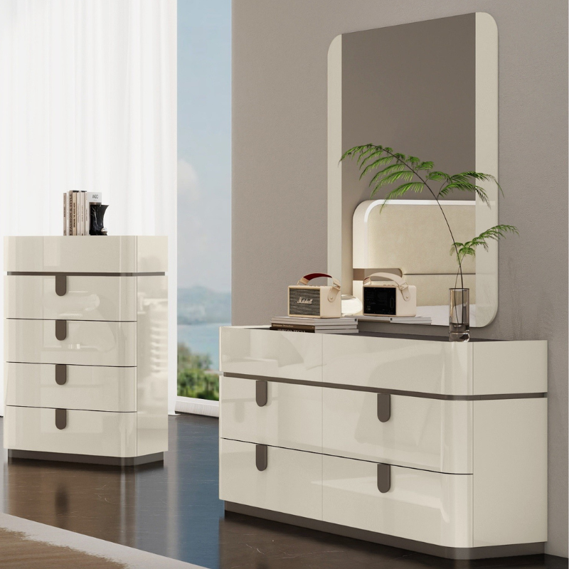 Picture of High-Gloss Beige Dresser and Mirror