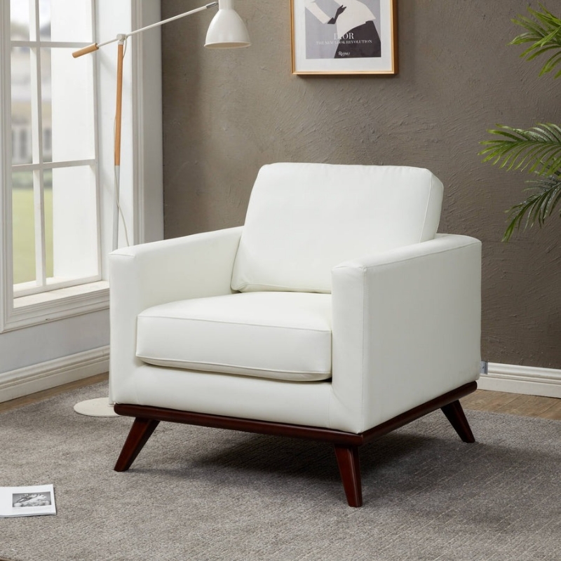 Picture of Genuine Leather Taupe, Black, Grey, Navy Blue, Cognac Tan, White, Green Leather Accent Arm Chair With Birch Wood Base