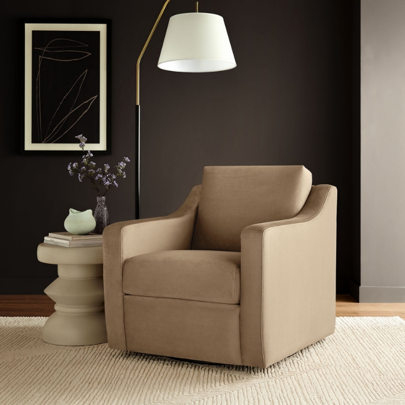Picture of Velvet  Taupe and Chocolate Brown Finish Modern Armchair