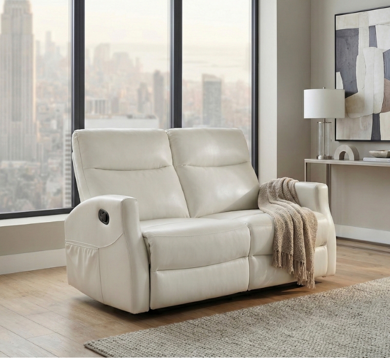 Picture of Beige Faux Leather Double Reclining Loveseat