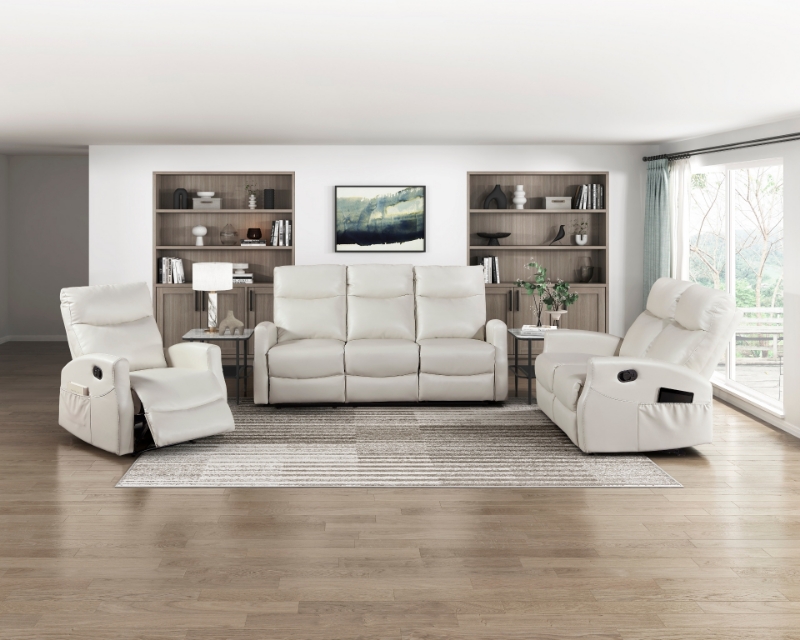 Picture of Beige Faux Leather Double Reclining Sofa, Loveseat and Reclining Chair