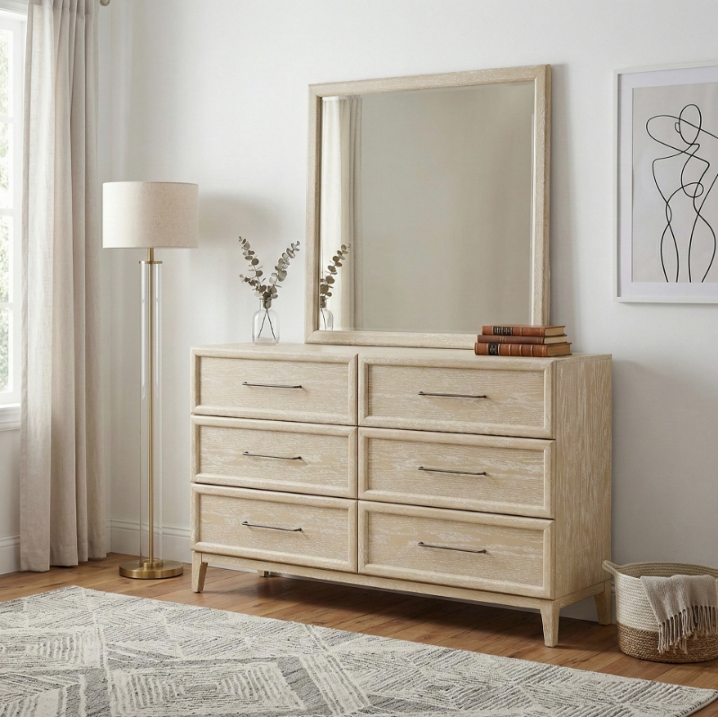 Picture of Natural Light Brown Finish Dresser and Mirror