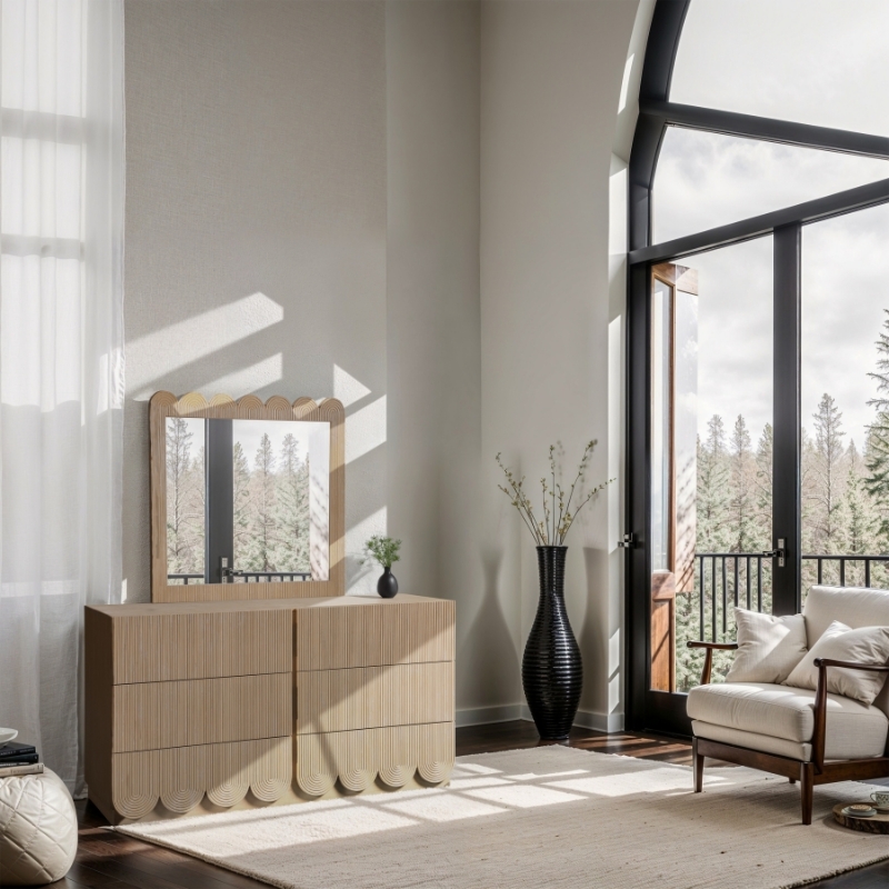 Picture of Rich Natural/Brown Walnut/Black Oak Finish Dresser and Mirror