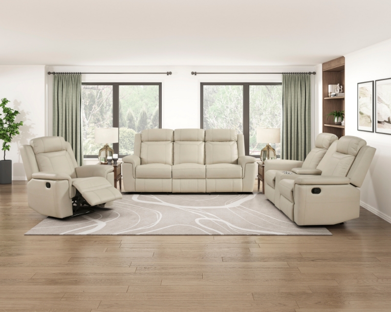 Picture of Genuine Leather Beige Reclining Sofa, Loveseat and Recliner