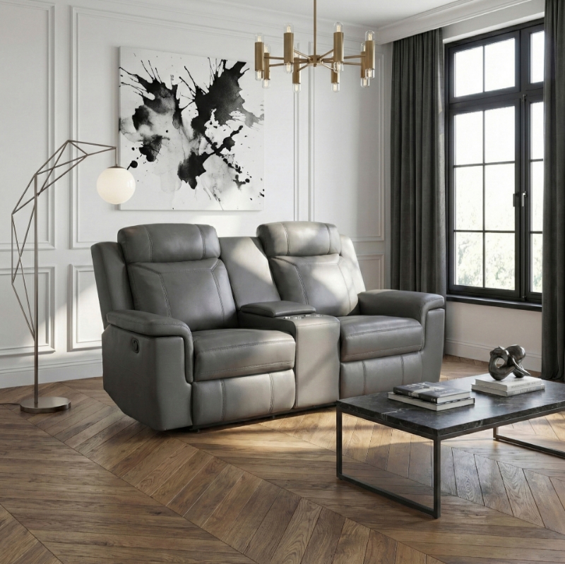 Picture of Genuine Leather Dark Gray Reclining Loveseat