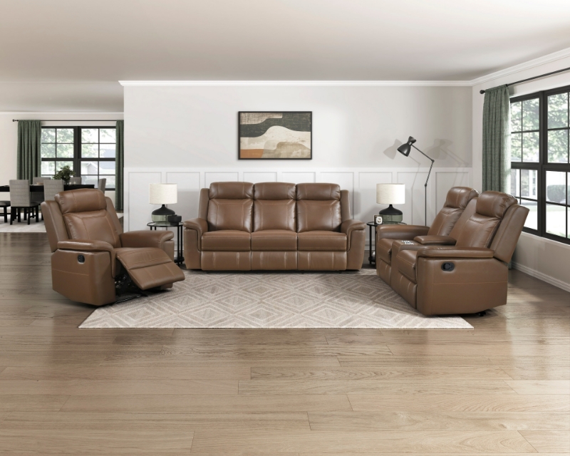 Picture of Genuine Leather Camel Reclining Sofa, Loveseat and Recliner