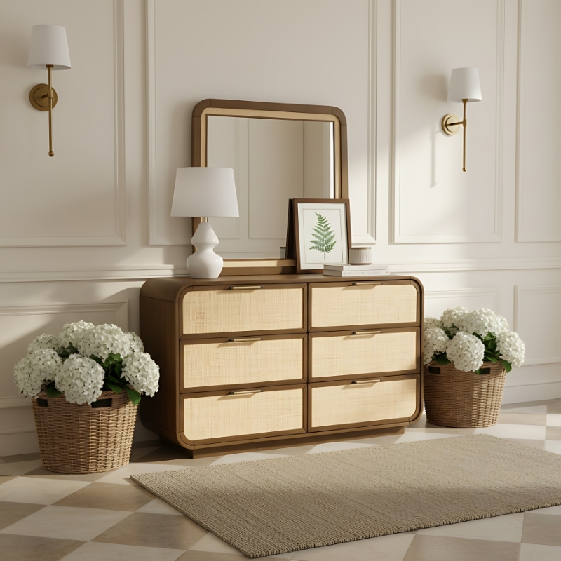 Picture of Solid Wood Brown or Natural Finish Dresser and Mirrors