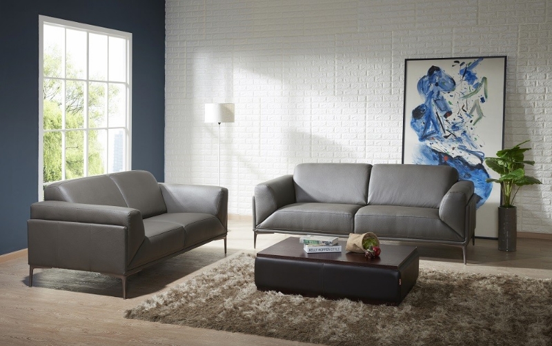 Picture of Grey Leather Finish Love Seat, Ottoman & Chair