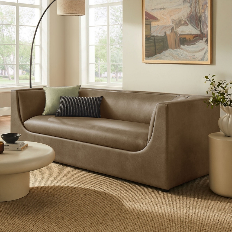 Picture of 86" Curved Back Vegan Leather Sofa in Mushroom or Toast