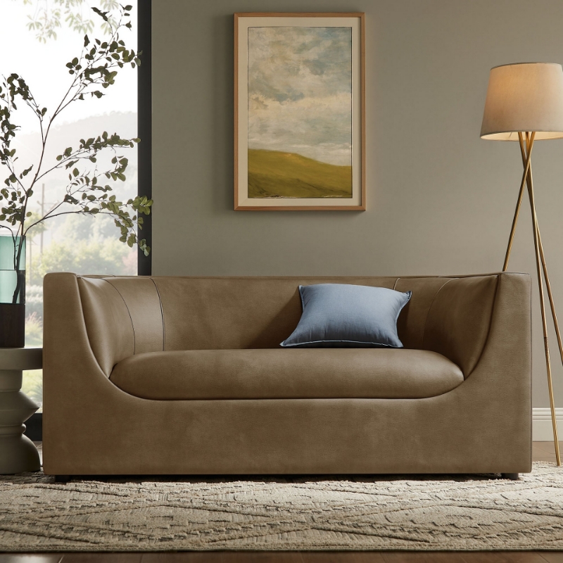 Picture of 67" Curved Back Vegan Leather Loveseat in Mushroom or Toast