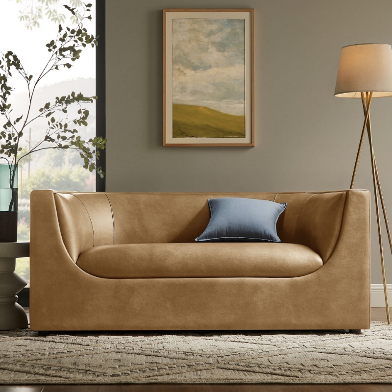 Picture of 67" Curved Back Vegan Leather Loveseat in Toast
