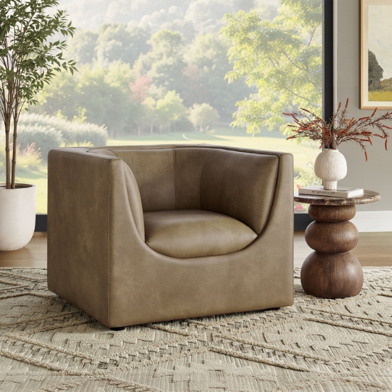Picture of Curved Back Vegan Leather Armchair in Mushroom or Toast