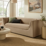 Picture of 86" Curved Back Performance Velvet Sofa in Alabaster, Taupe, Mulberry and Chocolate Brown