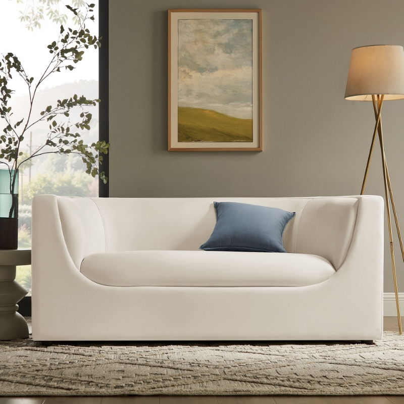 Picture of 67" Curved Back Performance Velvet Loveseat in Alabaster, Taupe and Chocolate Brown